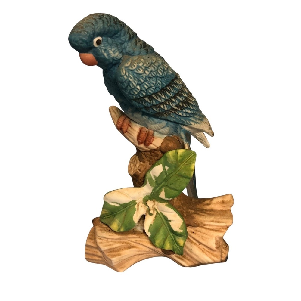 Porcelain‎ Ceramic Blue Parrot Bird Figurine Perched on Branch